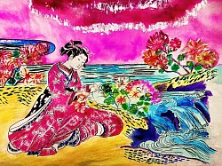 Estampe décalquée sur papier de riz, encres et aquarelle