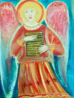 Un ange à la peinture à l’huile ainsi qu’au pastel à l’huile, inspiré de Fra Angelico