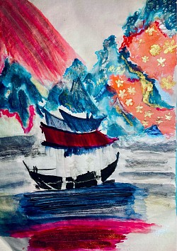 Peinture aux encres sur papier de riz : flottille asiatique au pied des montagnes