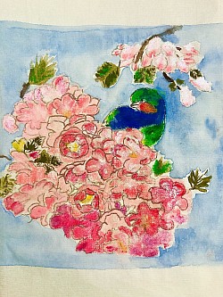 « Nuage de fleurs de cerisier » : aquarelle et pastel à l’huile sur papier de riz, d’après une estampe