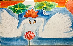Deux cygnes et le lotus, aquarelle