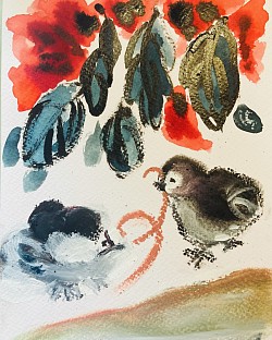 Deux petits oiseaux jouant : synthèse d’après Qi Baishi : pastel à l’huile, encres et gouache