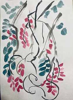 Peinture à l’encre de Chine, vert de gris, grenat. D’après Qi Baishi