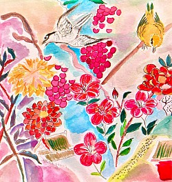 Encre grenat et aquarelle : synthèse  de plusieurs estampes