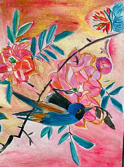 Crayon à l’huile et couleurs opalines en aquarelle