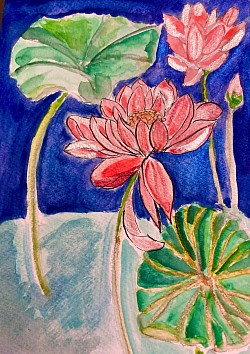 Lotus sur un étang : crayon aquarellable et aquarelle kuretake