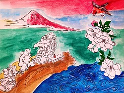 Aquarelle japonisante, « conjuration des éléments auprès du Mont Fuji »