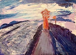 « Phare sur une promenade en bord de mer » huile sur papier fort