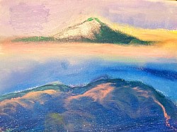 Format A5 paysage, pastel à l’huile : « brume au pays divin »