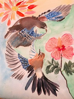 « Le bal des oiseaux » peinture au crayon et au pastel à l’huile A4